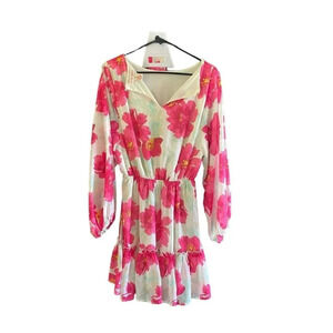 Flying Tomato Women's White & Pink Floral Long Sleeve Mini Dress Size M